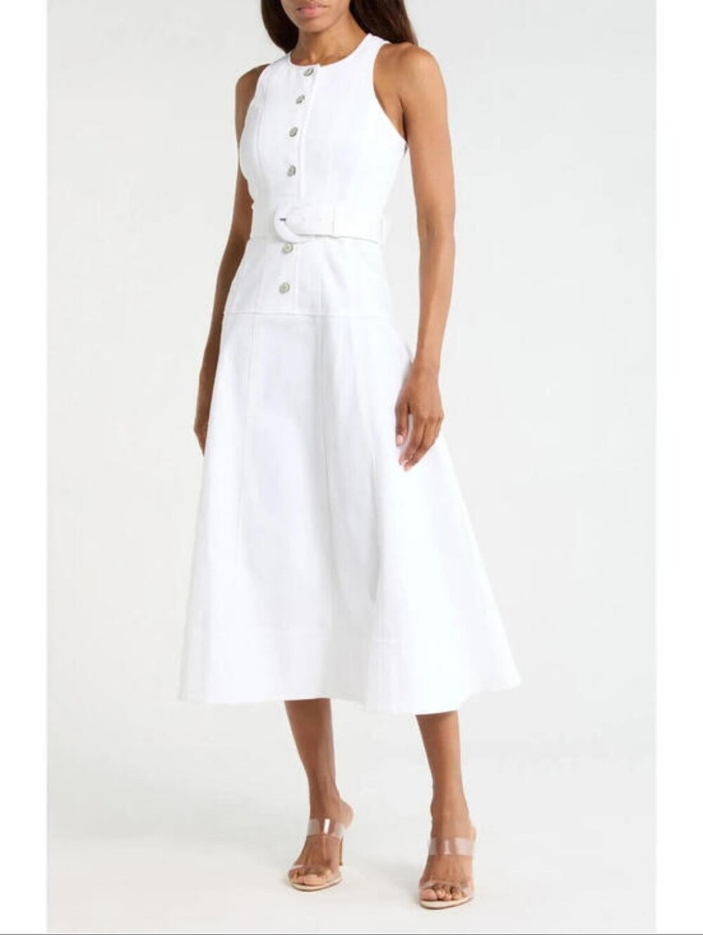 New. Margareth Sleeveless White Button-Front Midi Dress with Belt.No Tag.